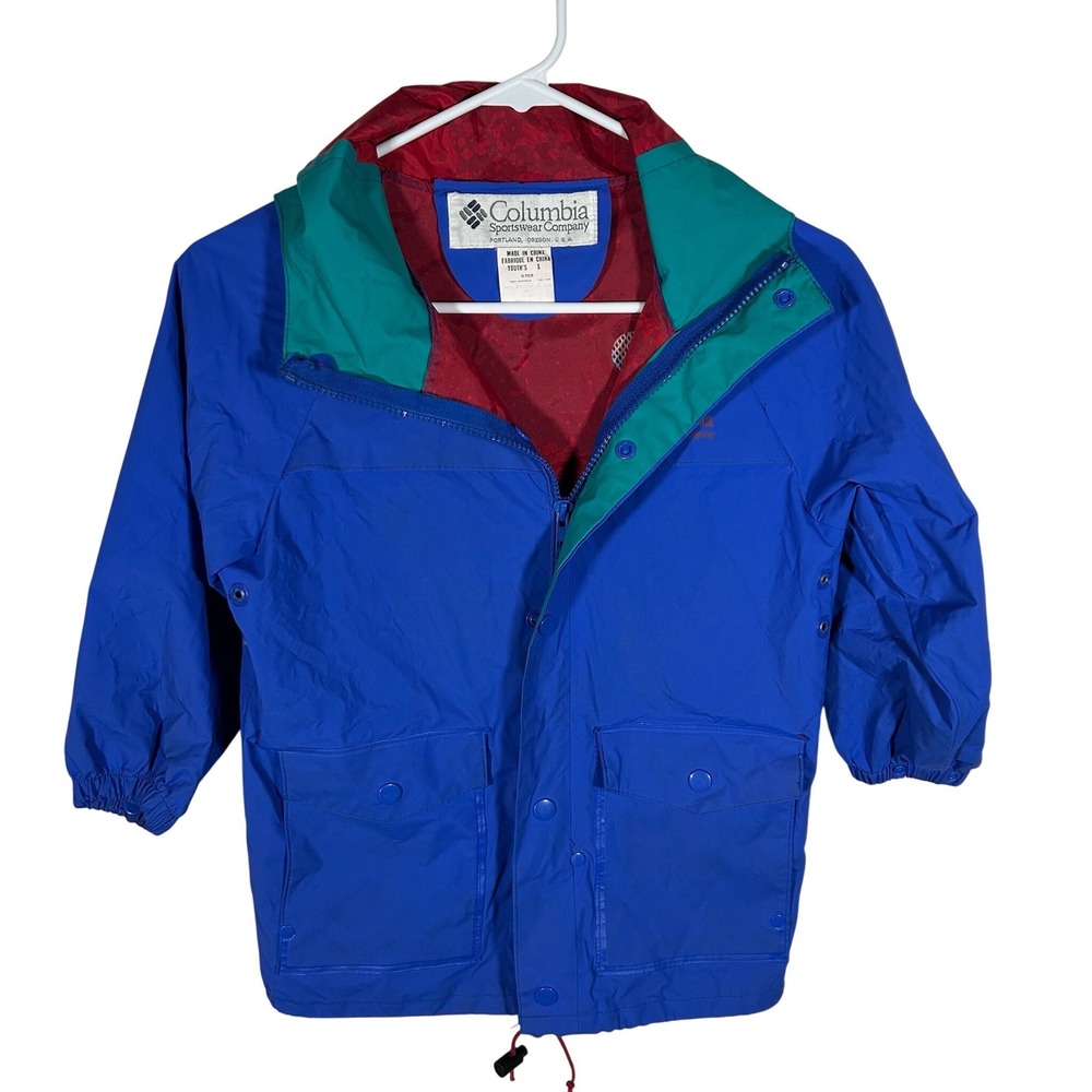 Vintage Columbia Kids Rain Jacket Blue Teal Colorblock Youth Small Hooded
